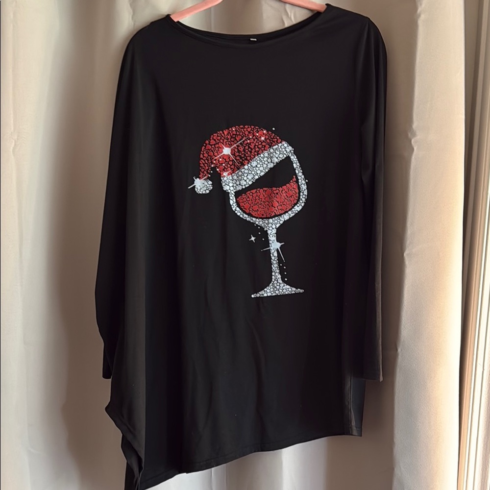 Black Long Sleeve Shirt with Wine Glass Design